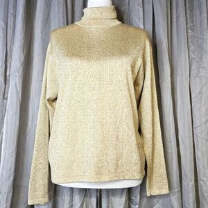 Vintage Talbots Gold Metallic Sparkle High Neck Jersey Knit Dressy Fancy Blouse